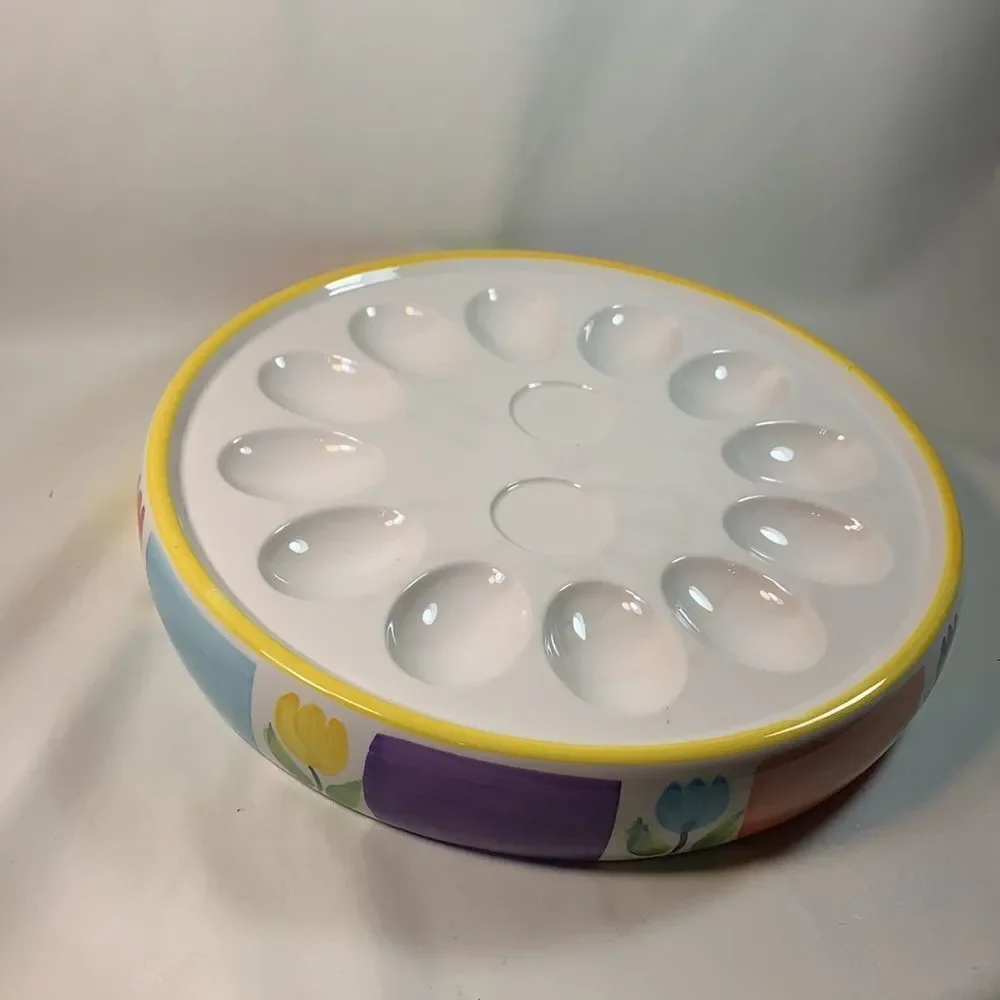 Easter Bunny Devil Egg Serving Tray Spring Flower Vintage Holiday Yellow Purple